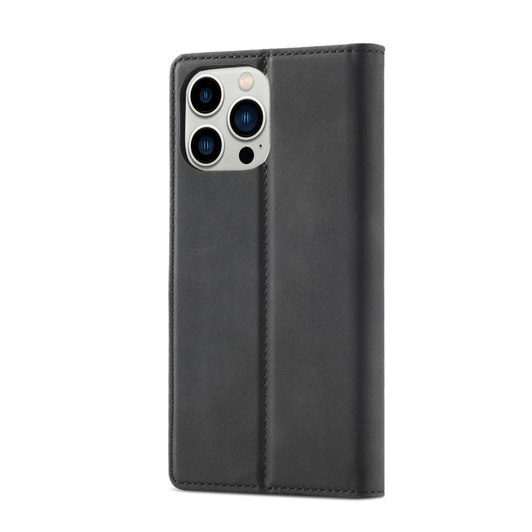 Pour iPhone 13 Pro LC.IMEEKE Étui en cuir à rabat horizontal magnétique puissant en PU + TPU mat avec support, fentes pour cartes et portefeuille (Noir)