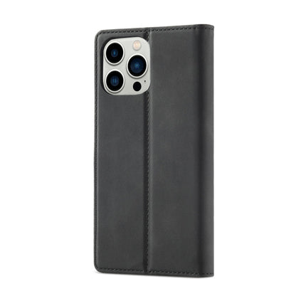 Pour iPhone 13 Pro LC.IMEEKE Étui en cuir à rabat horizontal magnétique puissant en PU + TPU mat avec support, fentes pour cartes et portefeuille (Noir)