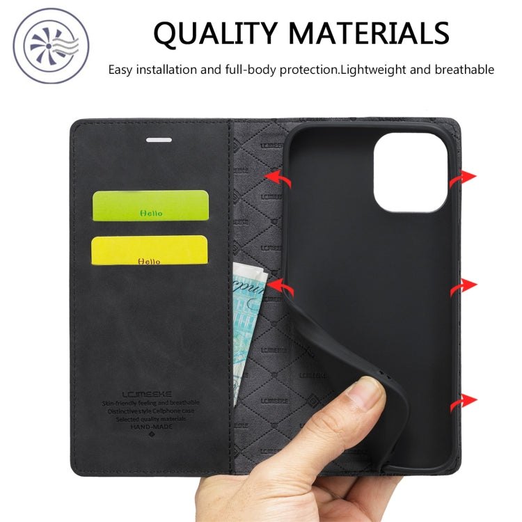Pour iPhone 13 Pro LC.IMEEKE Étui en cuir à rabat horizontal magnétique puissant en PU + TPU mat avec support, fentes pour cartes et portefeuille (Noir)