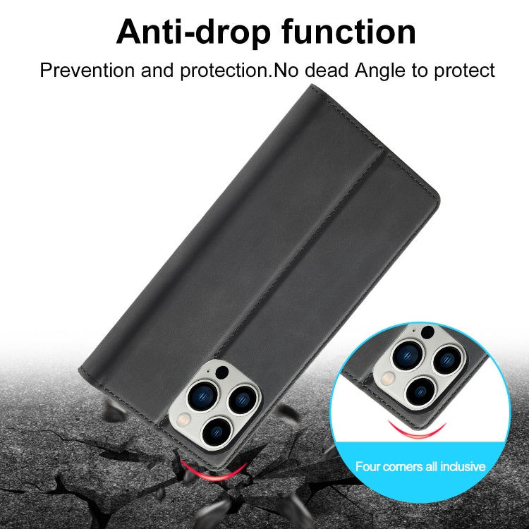 Pour iPhone 13 Pro LC.IMEEKE Étui en cuir à rabat horizontal magnétique puissant en PU + TPU mat avec support, fentes pour cartes et portefeuille (Noir)