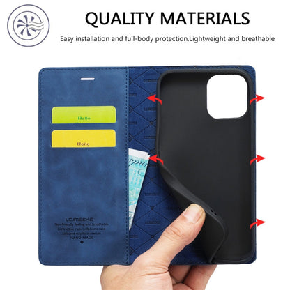 Pour iPhone 13 Pro LC.IMEEKE Étui en cuir à rabat horizontal avec support et fentes pour cartes et portefeuille en PU magnétique puissant + TPU mat (bleu)