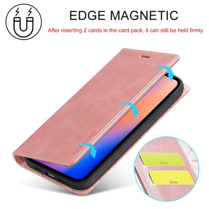 For iPhone 13 Pro LC.IMEEKE Strong Magnetic PU + Matte TPU Horizontal Flip Leather Case with Holder & Card Slots & Wallet (Rose Gold)