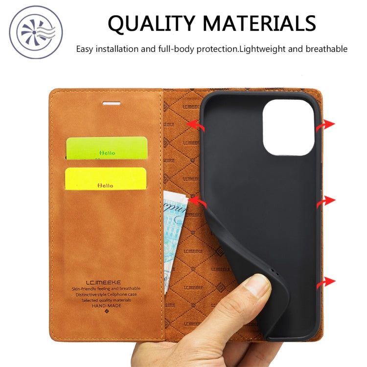 Pour iPhone 13 Pro LC.IMEEKE Étui en cuir à rabat horizontal avec support et fentes pour cartes et portefeuille en PU magnétique puissant + TPU mat (marron)