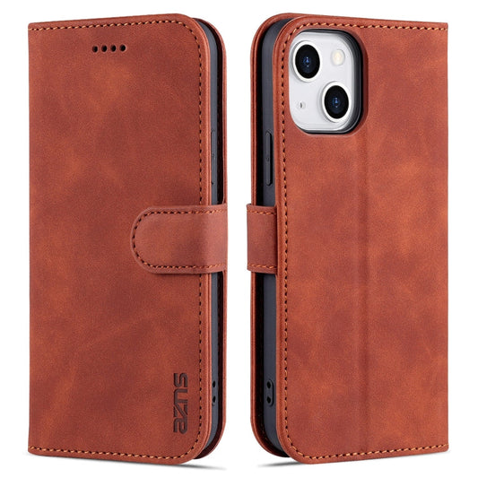 Pour iPhone 13 mini Étui en cuir à rabat horizontal AZNS Skin Feel en texture de veau avec fentes pour cartes, support et portefeuille (Marron)