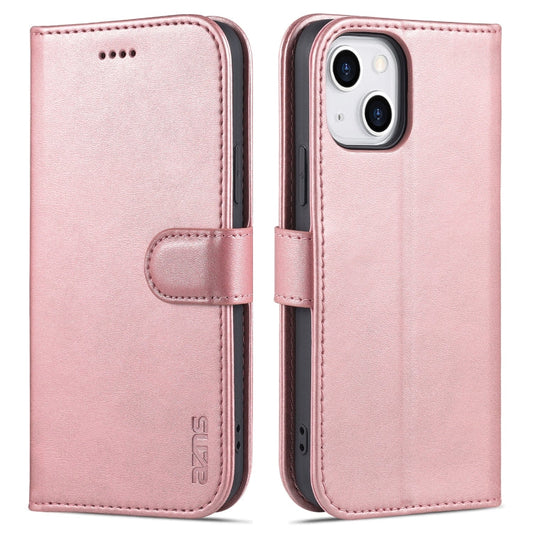 Pour iPhone 13 mini AZNS Étui en cuir à rabat horizontal texture veau toucher doux avec fentes pour cartes et support et portefeuille (Or Rose)
