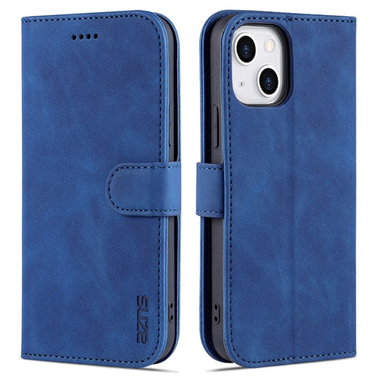 Pour iPhone 13 mini Étui en cuir à rabat horizontal AZNS Skin Feel texturé veau avec fentes pour cartes et support et portefeuille (Bleu)
