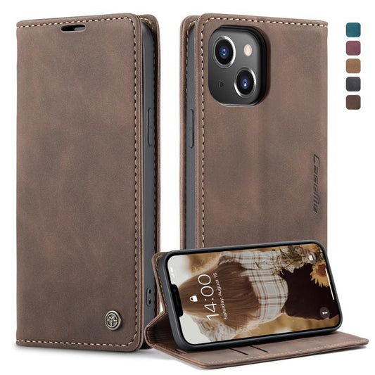 Pour iPhone 13 Étui en cuir givré rétro multifonctionnel CaseMe-013 à rabat horizontal avec fente pour carte et support et portefeuille (café)