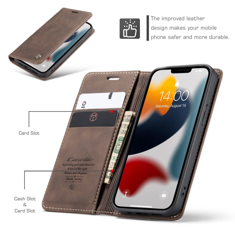 For iPhone 13 CaseMe-013 Multifunctional Retro Frosted Horizontal Flip Leather Case with Card Slot & Holder & Wallet(Coffee)