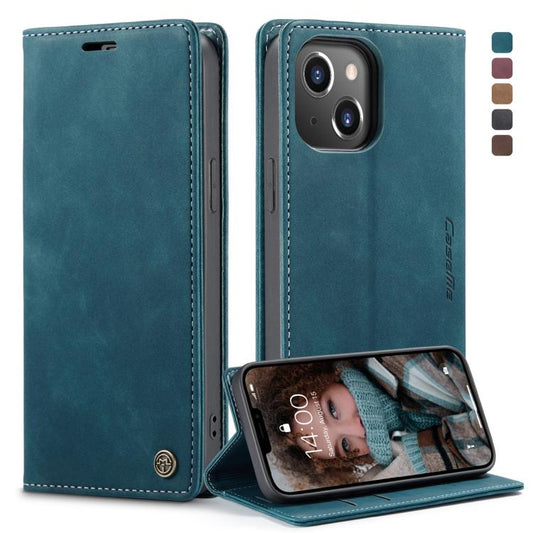 Pour iPhone 13 Étui en cuir givré rétro multifonctionnel CaseMe-013 à rabat horizontal avec fentes pour cartes et support et portefeuille (Bleu)