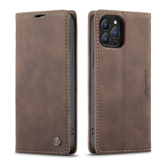 Pour iPhone 13 Pro Max Étui en cuir CaseMe-013 multifonctionnel rétro mat à rabat horizontal avec fente pour carte et support et portefeuille (Café)