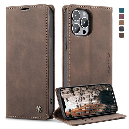 Pour iPhone 13 Pro Max Étui en cuir CaseMe-013 multifonctionnel rétro mat à rabat horizontal avec fente pour carte et support et portefeuille (Café)