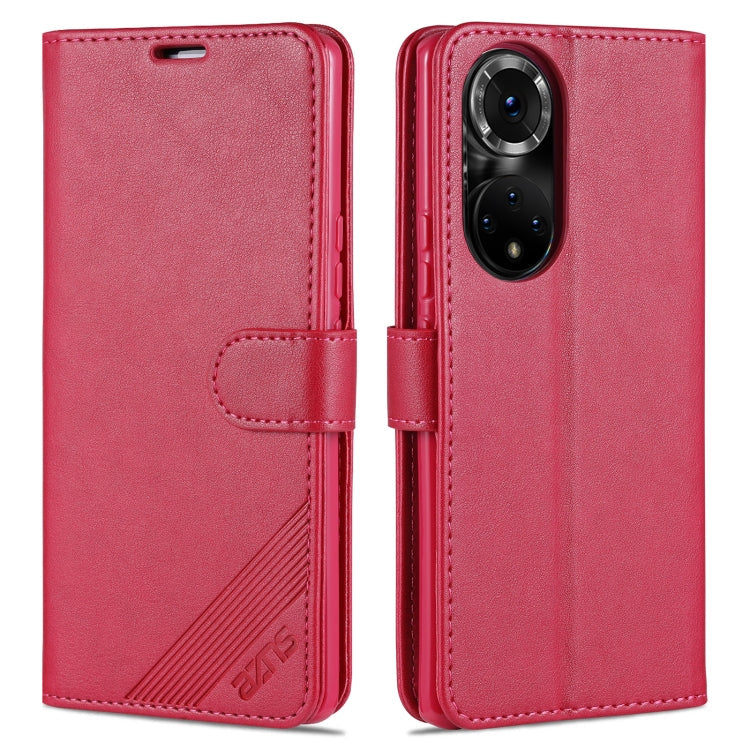 Étui en cuir AZNS à rabat horizontal texture peau de mouton avec support, fentes pour cartes et portefeuille pour Honor 50 (rouge)