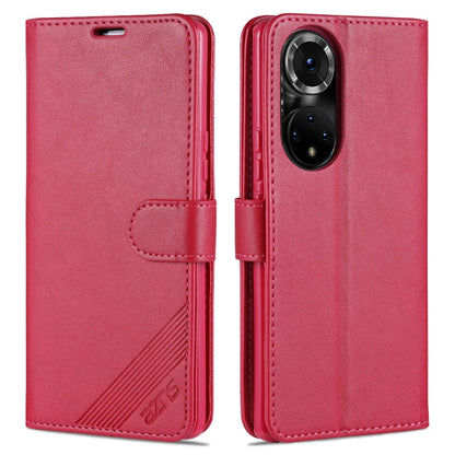 Étui en cuir AZNS à rabat horizontal texture peau de mouton avec support, fentes pour cartes et portefeuille pour Honor 50 (rouge)