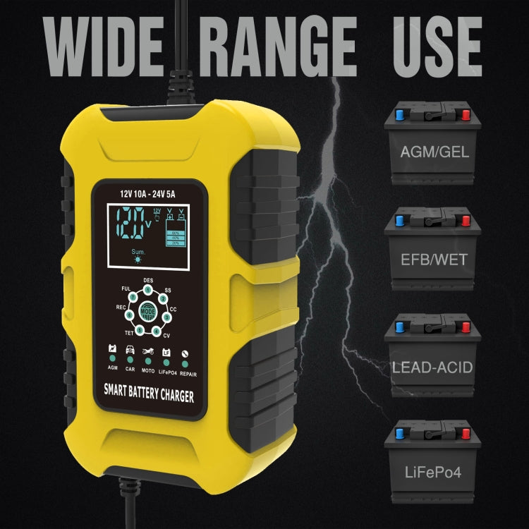 Chargeur de batterie intelligent FOXSUR 10A 12V 7 segments pour moto/voiture, Type de prise:Prise US (Jaune)