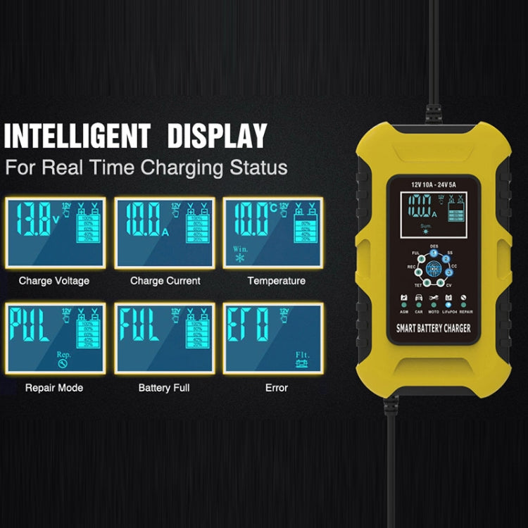 Chargeur de batterie intelligent FOXSUR 10A 12V 7 segments pour moto/voiture, Type de prise:Prise US (Jaune)