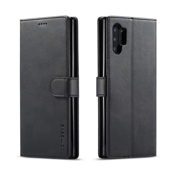Pour Galaxy Note 10 Plus Étui en cuir à rabat horizontal LC.IMEEKE texture veau, avec support et fentes pour cartes et portefeuille (noir)