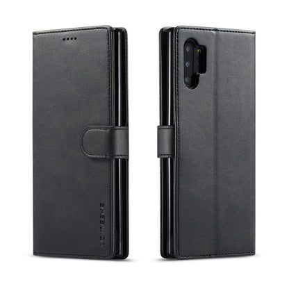 Pour Galaxy Note 10 Plus Étui en cuir à rabat horizontal LC.IMEEKE texture veau, avec support et fentes pour cartes et portefeuille (noir)