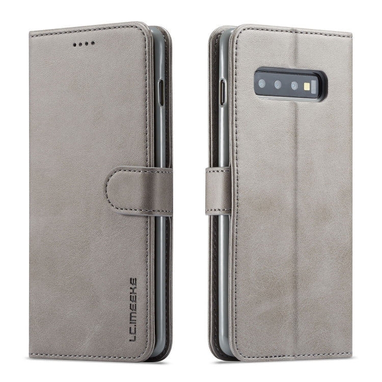 Pour étui en cuir à rabat horizontal Galaxy S10 LC.IMEEKE texture veau, avec support, fentes pour cartes et portefeuille (gris)