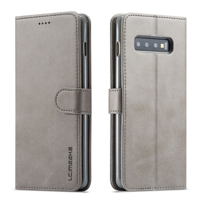 Pour étui en cuir à rabat horizontal Galaxy S10 LC.IMEEKE texture veau, avec support, fentes pour cartes et portefeuille (gris)
