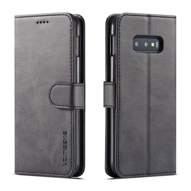 Pour Galaxy S10e LC.IMEEKE Étui en cuir à rabat horizontal texture veau, avec support et fentes pour cartes et portefeuille (Noir)