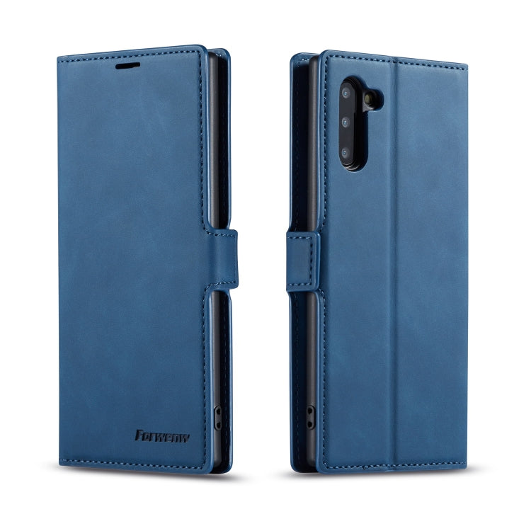 Pour Galaxy Note10 Étui en cuir à rabat horizontal Forwenw Dream Series Oil Edge avec aimant puissant, support, fentes pour cartes, portefeuille et cadre photo (Bleu)