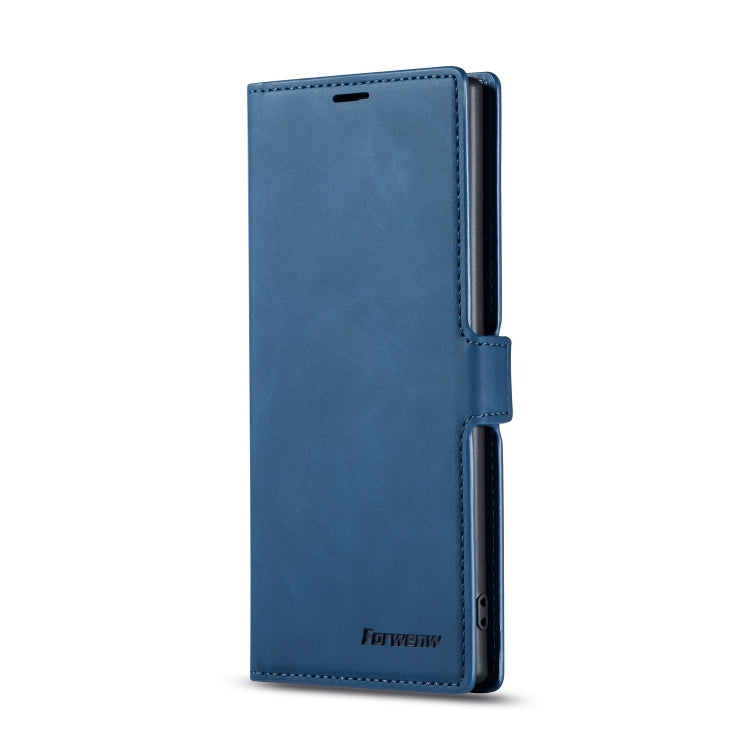 Pour Galaxy Note10 Étui en cuir à rabat horizontal Forwenw Dream Series Oil Edge avec aimant puissant, support, fentes pour cartes, portefeuille et cadre photo (Bleu)