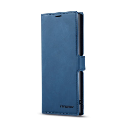 Pour Galaxy Note10 Étui en cuir à rabat horizontal Forwenw Dream Series Oil Edge avec aimant puissant, support, fentes pour cartes, portefeuille et cadre photo (Bleu)