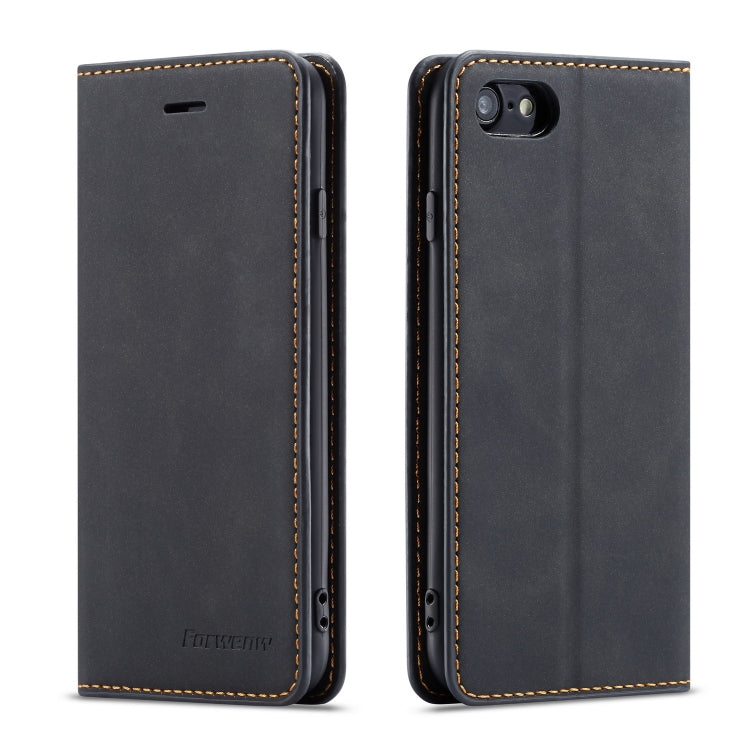 Pour iPhone SE 2022 / SE 2020 / 8 / 7 Coque en cuir à rabat horizontal Forwenw Dream Series à bord huilé, magnétisme puissant, avec support et fentes pour cartes et portefeuille et cadre photo (Noir)
