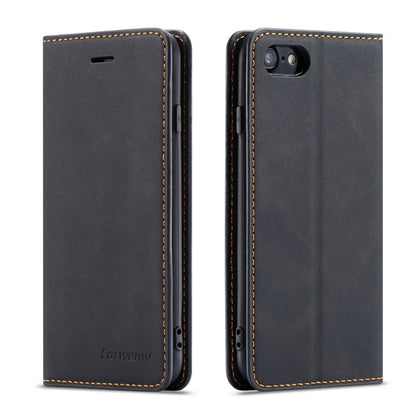 Pour iPhone SE 2022 / SE 2020 / 8 / 7 Coque en cuir à rabat horizontal Forwenw Dream Series à bord huilé, magnétisme puissant, avec support et fentes pour cartes et portefeuille et cadre photo (Noir)