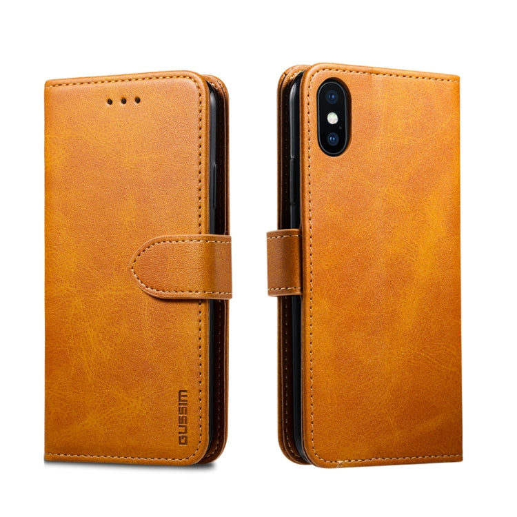 Pour iPhone X / XS Housse en Cuir à Rabat Horizontal Magnétique GUSSIM avec Support & Fentes pour Cartes & Portefeuille (Jaune)