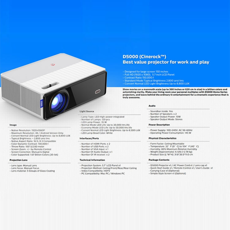 VIVIBRIGHT D5000 1920x1080P 420ANSI 6000Lumens LCD + LED HD Digital Projector, Android 9.0 EU Plug
