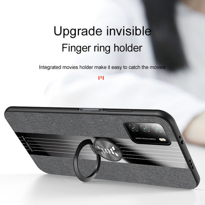 For Xiaomi Poco M3 XINLI Stitching Cloth Texture TPU Phone Case with Ring Holder(Blue)