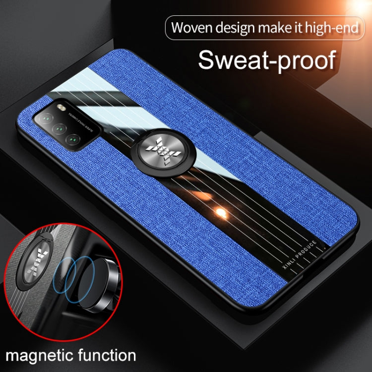 For Xiaomi Poco M3 XINLI Stitching Cloth Texture TPU Phone Case with Ring Holder(Blue)