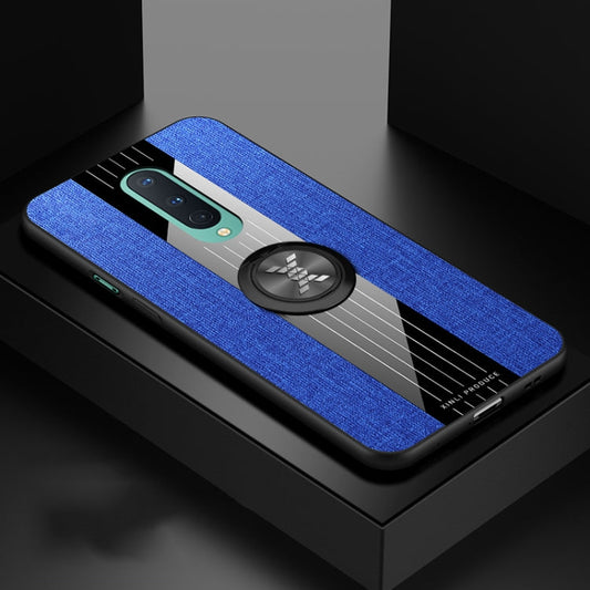 Pour l'étui de téléphone en TPU texture tissu de couture XINLI OnePlus 8 avec support d'anneau (Bleu)