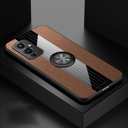 For OnePlus 9 XINLI Stitching Cloth Texture TPU Phone Case with Ring Holder(Brown)
