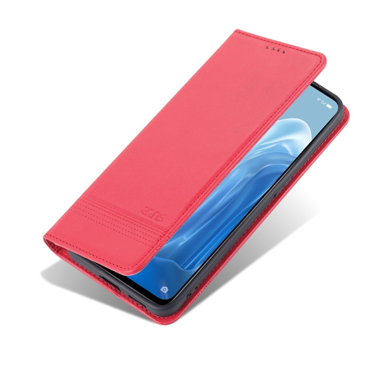 For OPPO Reno7 AZNS Magnetic Calf Texture Horizontal Flip Leather Phone Case(Red)