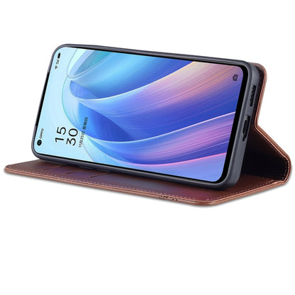 For OPPO Reno7 AZNS Magnetic Calf Texture Horizontal Flip Leather Phone Case(Dark Brown)
