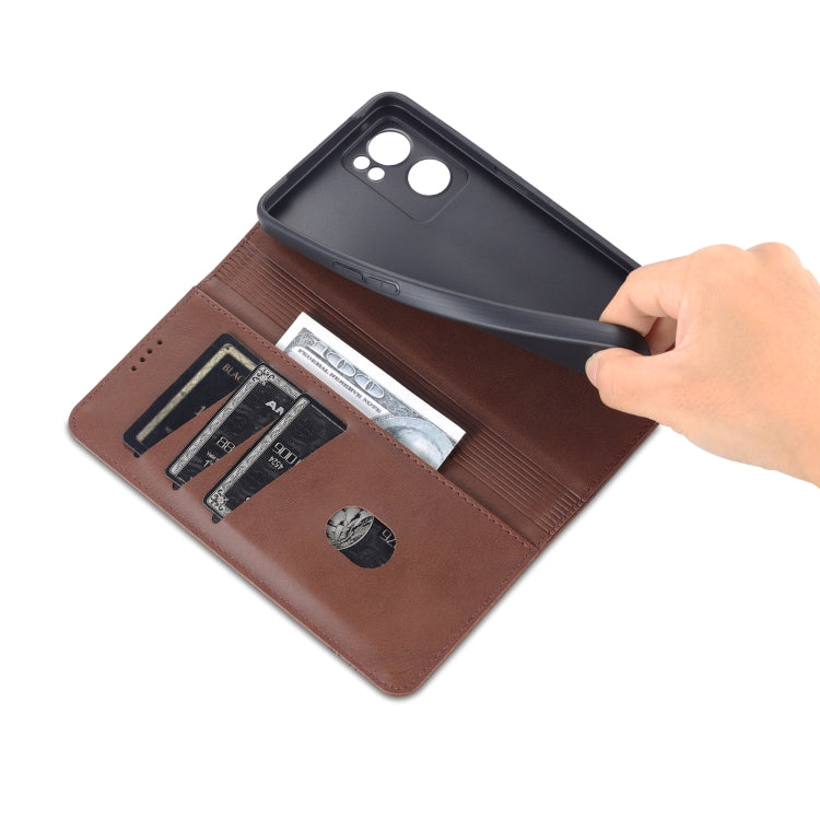 For OPPO Reno7 AZNS Magnetic Calf Texture Horizontal Flip Leather Phone Case(Dark Brown)