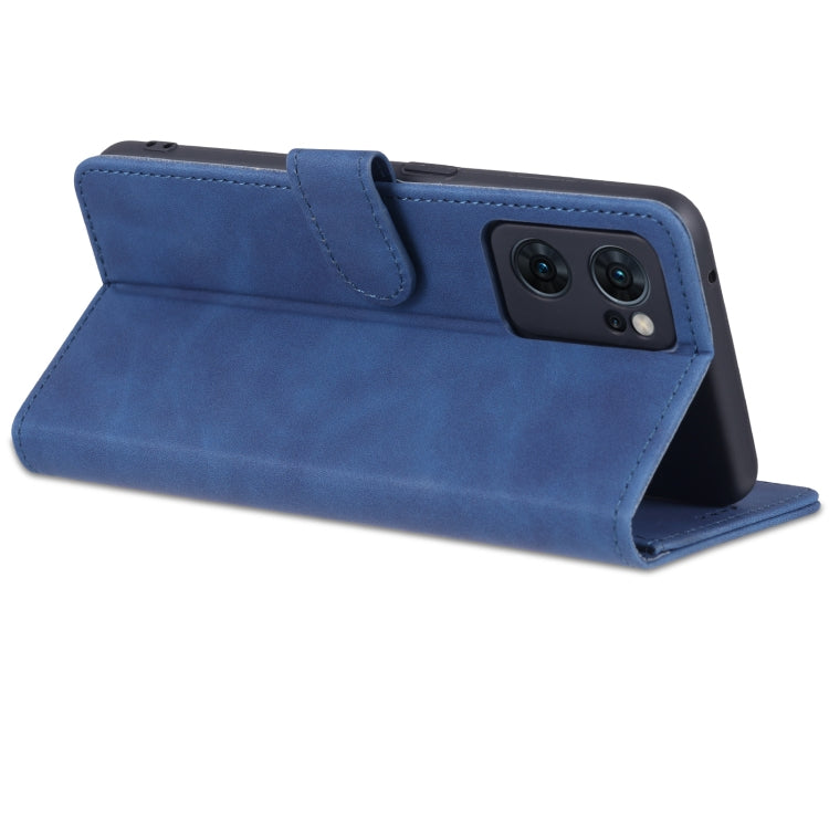 For OPPO Reno7 Global AZNS Skin Feel Calf Texture Flip Leather Phone Case(Blue)