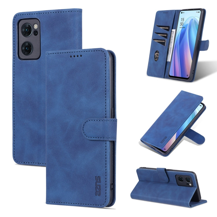 Pour OPPO Reno7 SE 5G AZNS Étui de téléphone en cuir à rabat texturé veau sensation peau (Bleu)