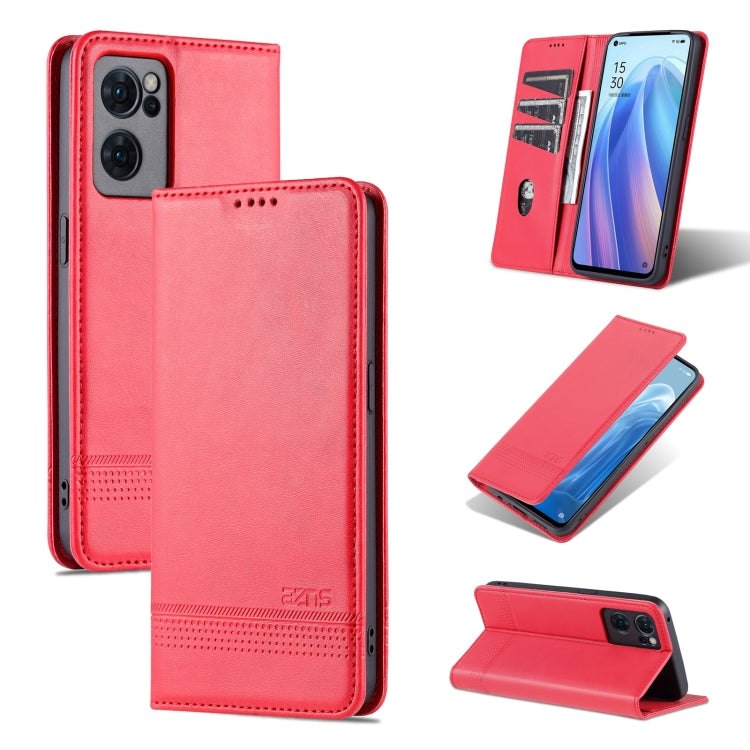 For OPPO Reno7 Global AZNS Magnetic Calf Texture Flip Leather Phone Case(Red)