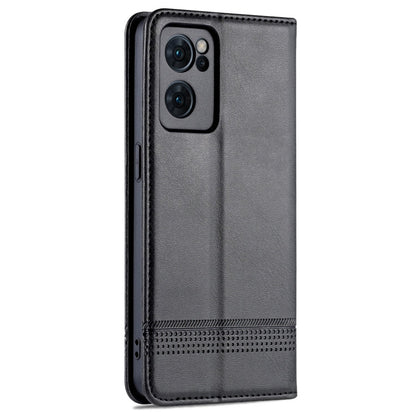 For OPPO Reno7 Global AZNS Magnetic Calf Texture Flip Leather Phone Case(Black)