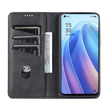For OPPO Reno7 Global AZNS Magnetic Calf Texture Flip Leather Phone Case(Black)