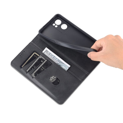 For OPPO Reno7 Global AZNS Magnetic Calf Texture Flip Leather Phone Case(Black)