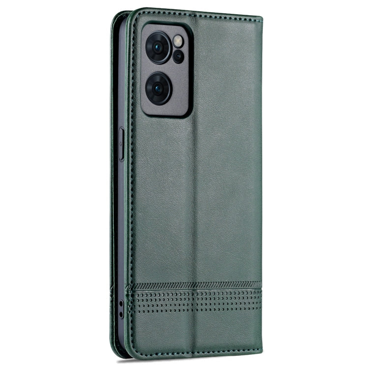 Pour coque de téléphone à rabat en cuir avec texture de veau magnétique AZNS pour OPPO Reno7 Global (Vert foncé)