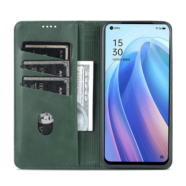 Pour coque de téléphone à rabat en cuir avec texture de veau magnétique AZNS pour OPPO Reno7 Global (Vert foncé)