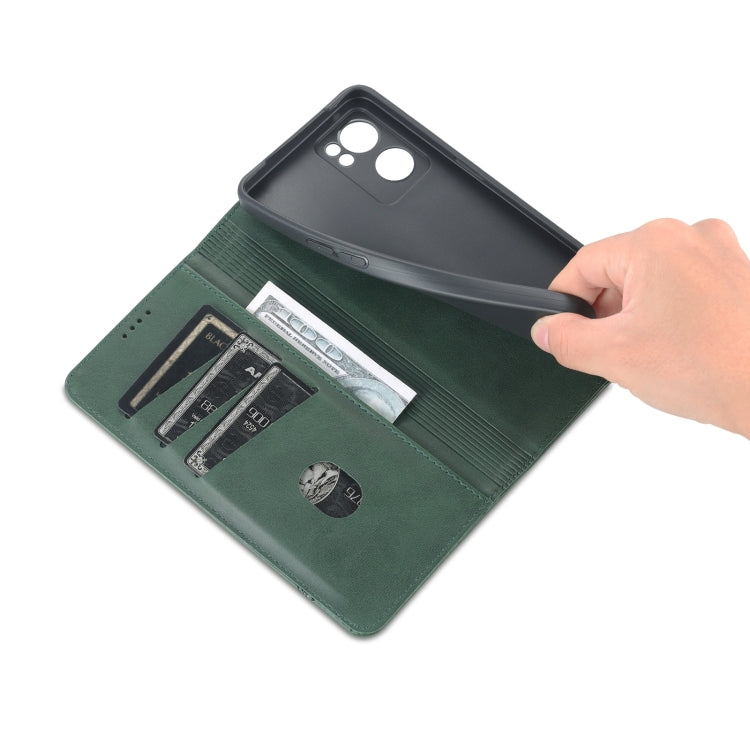 Pour coque de téléphone à rabat en cuir avec texture de veau magnétique AZNS pour OPPO Reno7 Global (Vert foncé)