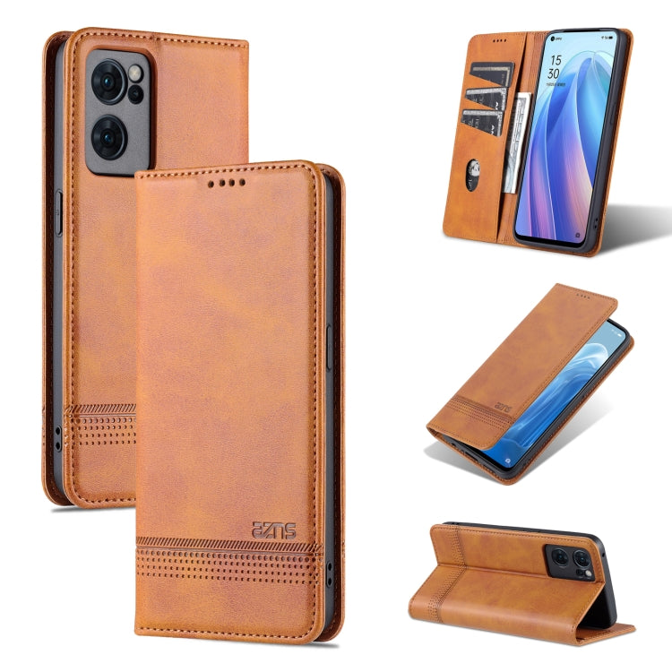 Pour OPPO Reno7 Global AZNS Étui de téléphone en cuir à rabat texturé veau magnétique (marron clair)