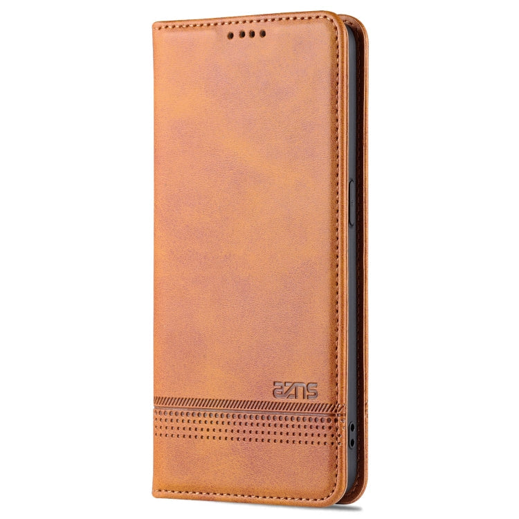 Pour OPPO Reno7 Global AZNS Étui de téléphone en cuir à rabat texturé veau magnétique (marron clair)