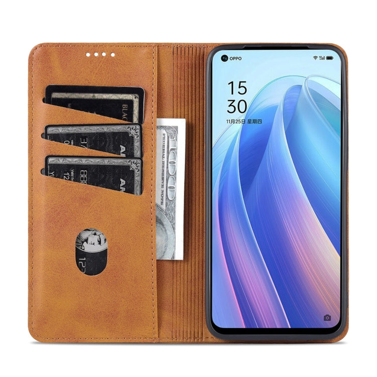 Pour OPPO Reno7 Global AZNS Étui de téléphone en cuir à rabat texturé veau magnétique (marron clair)